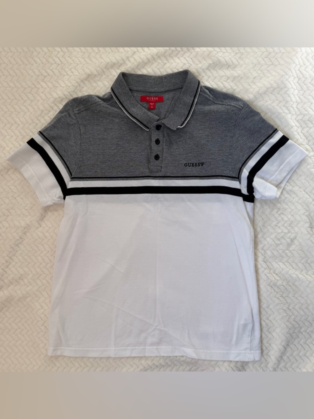 GUESS Grey, White and Black Stripe Colorblock Polo